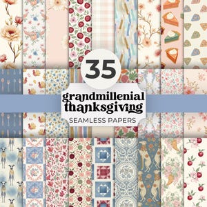 Digitales Papierpaket „Grandmillennial Thanksgiving“, nahtloser Aquarell-Scrapbook-Hintergrund, pastellfarbenes Blumen-Kürbis-Truthahn-Muster, Download