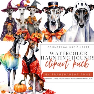 Pacchetto clipart levriero di Halloween, pacchetto SVG di Halloween per cani, clipart levriero carino, design a sublimazione, accesso immediato, cani di Halloween png