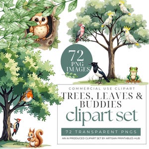 Von der Natur inspirierte Clipart, Aquarell Bäume und Tiere, AI-generierte Baumillustrationen, perfekt für kleine geschäftliche Projekte