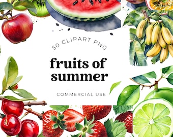 Aquarell-Frucht-Clipart-Bundle, Sommerfrüchte-PNGs mit Zitrusfrüchten, Wassermelonen und Beeren für Scrapbooking, Bastelarbeiten, Partyeinladungen, kommerzielle Nutzung