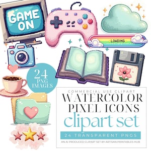 Digital Products Icons, Pixel Art Chibi Girl Clipart Set, Kawaii Anime Graphics for Stickers, Twitch Avatar, DIY Crafts, Vaporwave Aesthetic