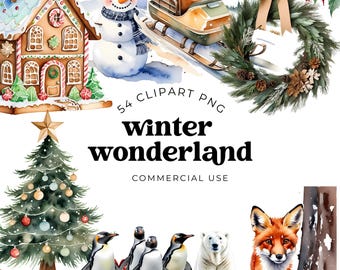 May include: A digital collection of 54 winter wonderland clipart PNG images featuring a gingerbread house, a snowman, a vintage sled, a pine wreath, a decorated Christmas tree, penguins, a polar bear, and a red fox with text.