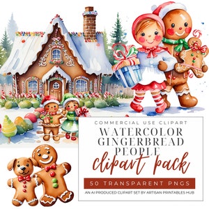 Gingerbread Clipart Bundle, Christmas Baking Graphics, Watercolor Gingerbread Man PNG,  watercolor Holiday Printables for Crafts,
