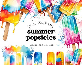 Watercolor Popsicles Clipart, Rainbow Summer Treats PNG JPG SVG, Cute Ice Lolly Dessert Illustrations for Scrapbooking, Planners, Crafts