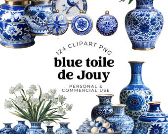 Blue Toile de Jouy Clipart Bundle, French Botanical Graphics, Vintage Floral PNGs for Junk Journals, Scrapbooking + Victorian Craft Projects