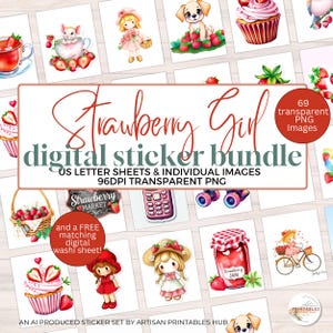 Strawberry Girl Stickers: Kawaii Clipart for Scrapbooking (Digital Download, 69 PNGs + Washi Tape Bonus)