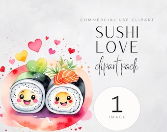 Kawaii Sushi Clipart Bundle - Cute Sushi PNG - Adorable Kawaii Sushi Clipart - Valentines clipart - Cute Sushi Stickers - Watercolor Kawaii