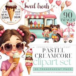 Ice Cream Clipart Bundle – Pastel Creamcore Style Kawaii Ice Cream Trucks Popsicles Cones and Summer Treats for Junk Journals and Crafts