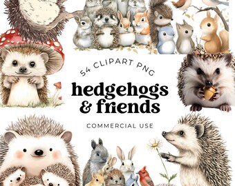 Watercolor Hedgehog Clipart Set, Cute Woodland Animal PNGs for Nursery Decor, Baby Showers, Scrapbooking, Invitations, Storybook Crafts