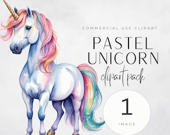 Pastell Einhorn Clipart-Set, Regenbogen Aquarell Illustrationen, niedliche märchenhafte Pferde Grafiken für Kinder Basteln, Kinderzimmer Dekor
