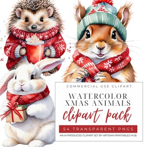 watercolor winter animals clipart, Cute Woodland Creatures, Cute Winter Animal Clipart Bundle, Perfect for Kids Crafts, Festive Holiday PNGs
