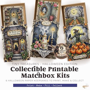 Puede incluir: Un conjunto de seis kits de cajas de cerillas imprimibles con temática de Halloween que incluyen ilustraciones de una tienda de gatos negros, un salón de té fantasmagórico y un huerto de calabazas. Incluye cajas de papel decorativas con escenas.