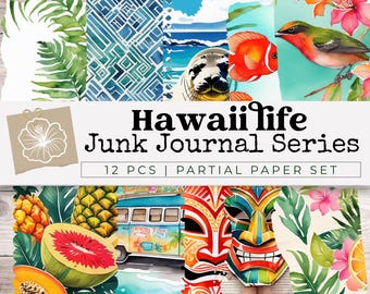 Printable Hawaii Junk Journal Papers, Tropical Ephemera Collage Backgrounds, Coastal Scrapbook Pages for Travel Journals and Crafts