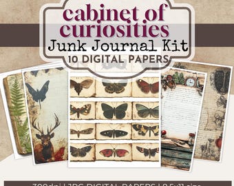 May include: A digital junk journal kit titled Cabinet of Curiosities Junk Journal Kit 10 Digital Papers 300dpi JPG DIGITAL PAPERS 8.5x11 size. The kit features vintage-style papers with illustrations of butterflies, a deer, ferns, and text.