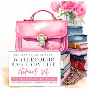 Imágenes de bolsos de diseñador de acuarela, clip art de chica planificadora, ilustración de moda, rojo, negro, rosa, marrón, amarillo, ilustraciones de bolsos,