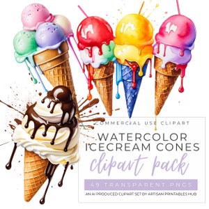 Watercolor ice cream cone clipart set, summer dessert illustrations with pastel scoops, sweet treat art for scrapbooking, party decor