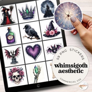 Peut inclure: Un écran de tablette numérique affichant une grille d'autocollants sur le thème gothique, incluant une sorcière, une couronne, un château, une toile d'araignée, une potion étiquetée Twilight Veil, un corbeau, un chapeau fleuri, une gargouille et un crâne.