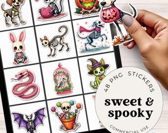 Halloween Skeleton Animal Digital Stickers, Pastel Pink Periwinkle Lime Forest Green, Kawaii Spooky Cute GoodNotes Planner Stickers PNG Set