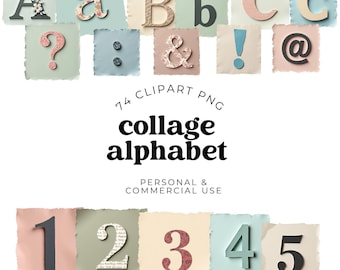 May include: A digital collection of 74 clipart PNG files featuring a collage alphabet with letters, numbers, and symbols on torn paper squares. The set includes various colors and patterns like floral, script, and solid tones with text 74 CLIPART PNG collage alphabet PERSONAL & COMMERCIAL USE.