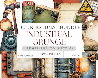 Industrial Grunge Ephemera Bundle PNG – Junk Journal Pages, Printable Vintage Labels, Tickets, Scrapbook Collage Supplies, dark gothic tags
