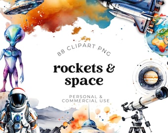 Space Clipart Bundle, Watercolor Astronaut Rocket Planet PNG, Galaxy Graphics for Nursery Decor, Kids Party Crafts Commercial Use,