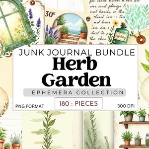 Puede incluir: Un paquete de diario basura digital con temática de jardín de hierbas. La imagen presenta ilustraciones botánicas, etiquetas y un diseño de ventana. El texto incluye "Herb Garden", "Ephemera Collection" y "180 Pieces".