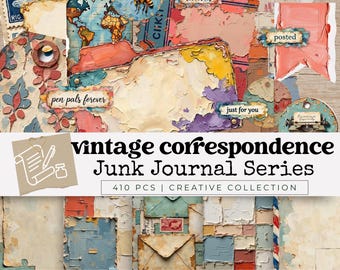 Junk Journal Kit Printable, Pen Pal Ephemera Bundle, Vintage Airmail Papers Cards Stickers, Snail Mail Stationery, Scrapbook Paper Craft
