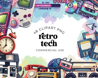 Retro tech clipart aquarel set, vintage elektronica png's voor scrapbooking, junk tijdschriften, sublimatie, retro gamer en afdrukbare ambachten