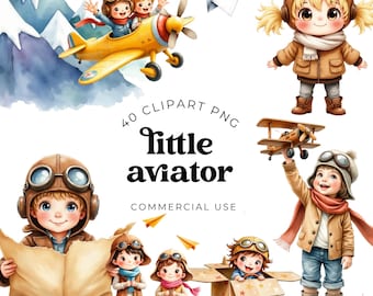 Aviator Clipart PNG Bundle, Watercolor Baby Airplane Pilot Graphics, Vintage Plane Nursery Art, Baby Shower Decor, Travel Theme Printables