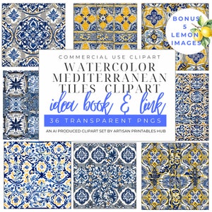 Clipart estate / Clipart acquerello mediterraneo / Costiera Amalfitana / Clipart limoni / Piastrelle mediterranee / Licenza commerciale / Piastrelle blu
