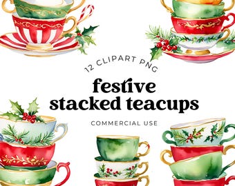 Aquarell Weihnachten Teetasse Clipart Bundle - gemütlicher Feiertags-Becher und Kakao Illustrationen für Scrapbooking, Junk Journals, Karten und Bastelarbeiten