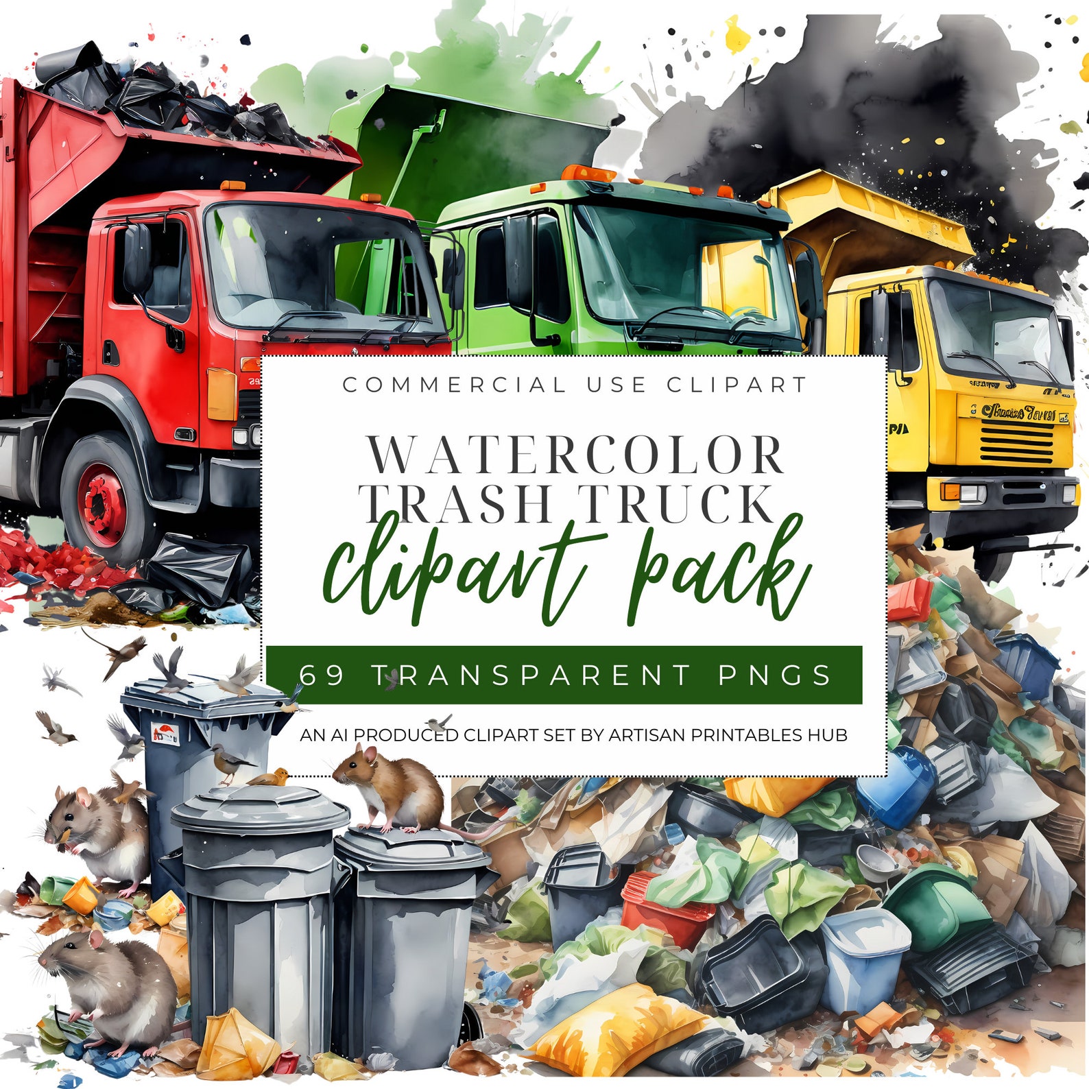 Garbage Truck Clipart Set, Recycling Truck Art PNG for Kids, Digital ...