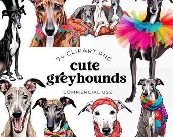 Cute Greyhound Clipart Set, digital Stickers for Planners, Digital Stickers for Dog Lovers, Greyhound Art, Whippet & Greyhound Digital