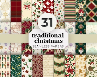 Traditional Christmas Digital Paper Set, nutcracker seamless paper, nutcracker wrapping paper nutcracker png red gold green cream silver