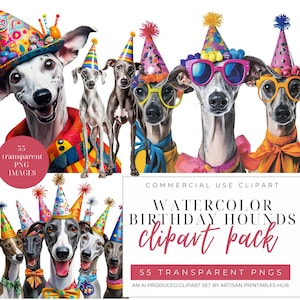 Aquarell Windhund Geburtstag Clipart, helle Partyhunde, Retro Welpen Bundle, kommerzielle Nutzung, SVG, PNG, JPG, einzigartige Hundeliebhaber Geschenkidee
