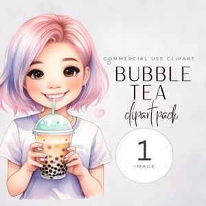 Paquete de imágenes prediseñadas de té de burbujas de acuarela, té de boba PNG, arte de bebida adorable, uso comercial, imágenes prediseñadas de té de burbujas kawaii, imágenes prediseñadas de boba, imagen única