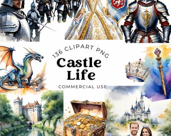 Medieval Clipart PNG Bundle, Watercolor Castle Graphics, Fantasy Kingdom Knights Princess Royal Elements, Scrapbook Junk Journal Decor