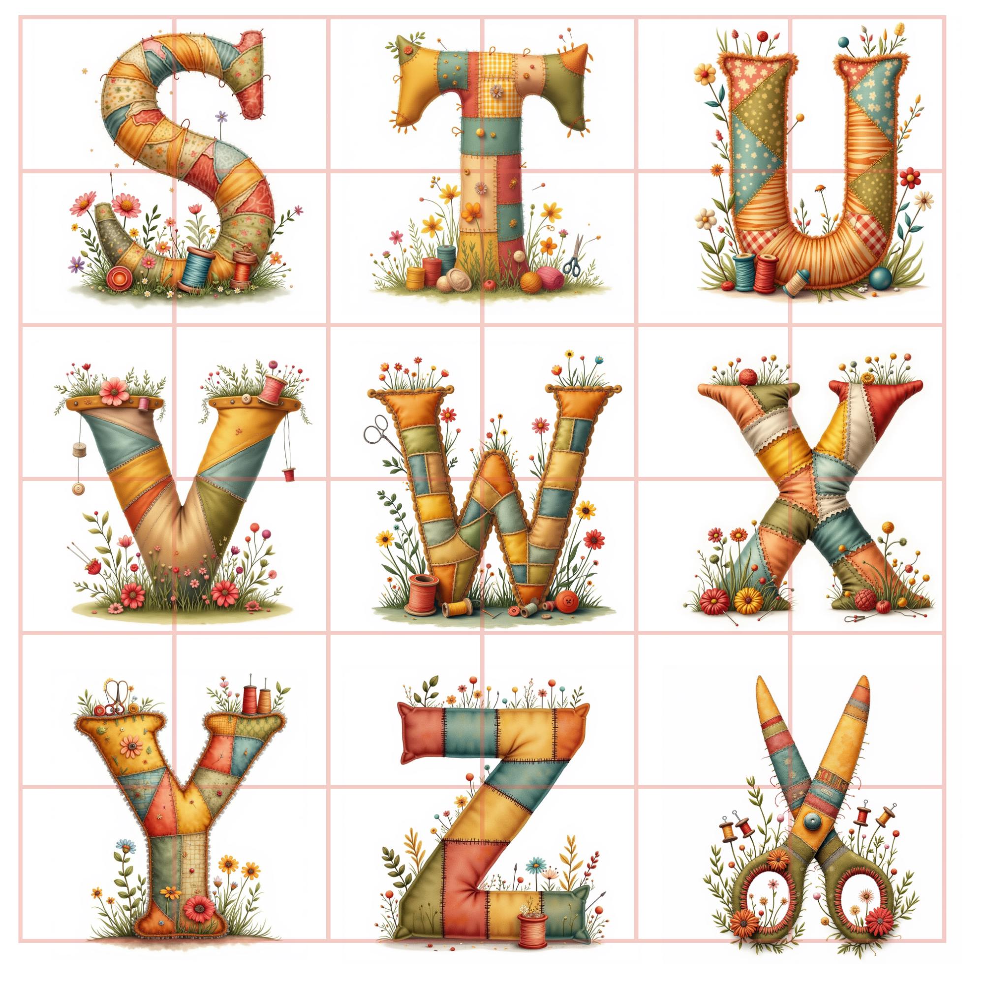 Sewing Alphabet & Fabric Clipart, Patchwork Letters and Numbers ...