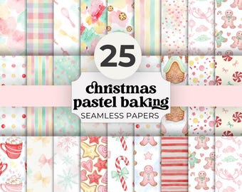 Pastel Christmas Digital Paper Pack, Whimsical Holiday Baking Patterns, Seamless Xmas Scrapbook Backgrounds, Cute Christmas Printable Craft