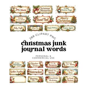 Op de afbeelding: Een verzameling van 288 digitale clipart-labels en tags met een kerstthema, voorzien van feestelijke zinnen zoals Joy to the World, Christmas Memories en Merry Christmas. Elk rechthoekig label is versierd met kerstafbeeldingen, waaronder de kerstman, rendieren, notenkrakers, dennentakken en cadeautjes.