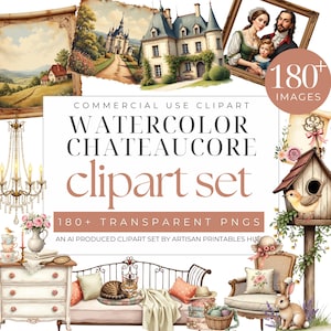 Chateaucore Clipart Set, Coquette Watercolor Graphics, Vintage Decor, Pink Accents, Watercolor Coquette Graphics, DIY Designs, Instant Art