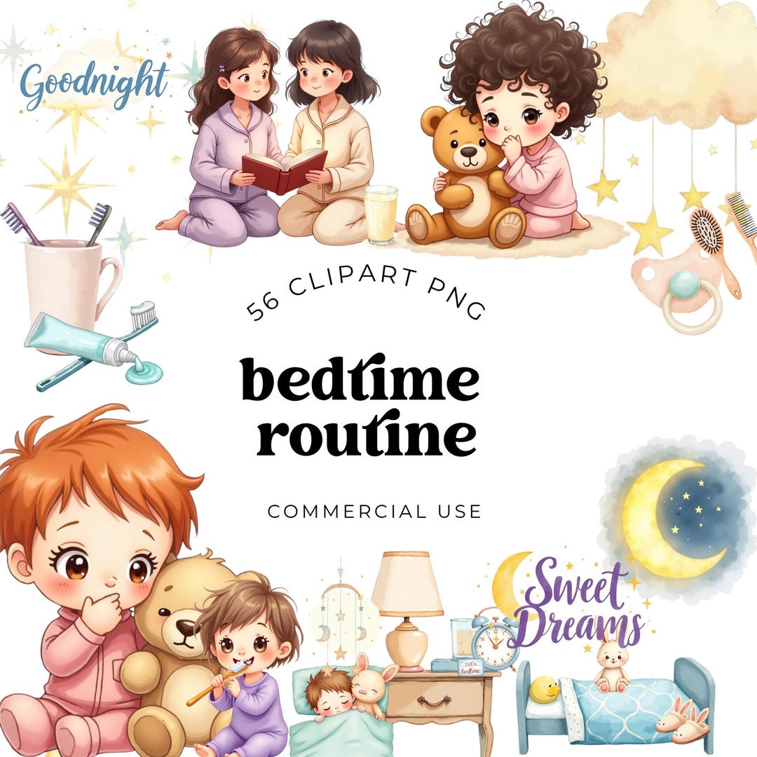 Bedtime Routine Clipart Set, Kids Watercolor PNG, Whimsical Evening ...