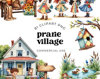 Watercolor Cottagecore Clipart Set, Rustic Floral Countryside PNGs with People, Animals, and Village Homes for Junk Journals, Scrapbooking,