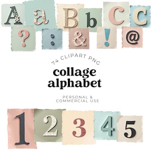 Puede incluir: Una colección de letras del alfabeto y números, incluyendo A, B, C, 1, 2, 3, 4 y 5, junto con signos de puntuación. Cada carácter está sobre un cuadrado de papel de diferente color. También se muestran las palabras "collage alphabet".