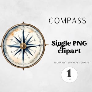 Può includere: Un'illustrazione circolare di una bussola con un ago a forma di stella blu e bianco su uno sfondo color crema con segni neri. Il testo COMPASS, Single PNG clipart, JOURNALS, STICKERS, CRAFTS e il numero 1 sono visualizzati in nero.