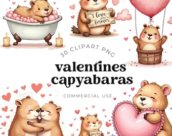 Valentinstag Capybara Clipart Bundle - Niedliche Wasserfarben Capybara PNGs mit Herzen und Blumen für Junk Journals, Scrapbooking, Kartengestaltung