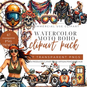 Clipart ragazza motociclista boho, design di prodotti digitali Etsy, opere d'arte AI ad acquerello, download immediato, clipart boho motociclista, immagini di ragazze motocicliste