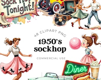 Może przedstawiać: Cyfrowa kolekcja grafik clipart z lat 50. XX wieku przedstawiająca czerwony samochód typu hot rod z płomieniami, gramofon, miętowy kabriolet, szyld baru, hot doga z frytkami, koktajl mleczny oraz tańczące postacie z napisem Sock Hop Tonight.
