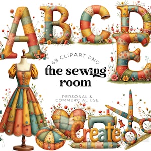 Pacchetto di clipart dell'alfabeto patchwork, lettere e numeri in formato PNG, carattere boho trapuntato, clipart di lettere in tessuto per progetti di artigianato e sublimazione.