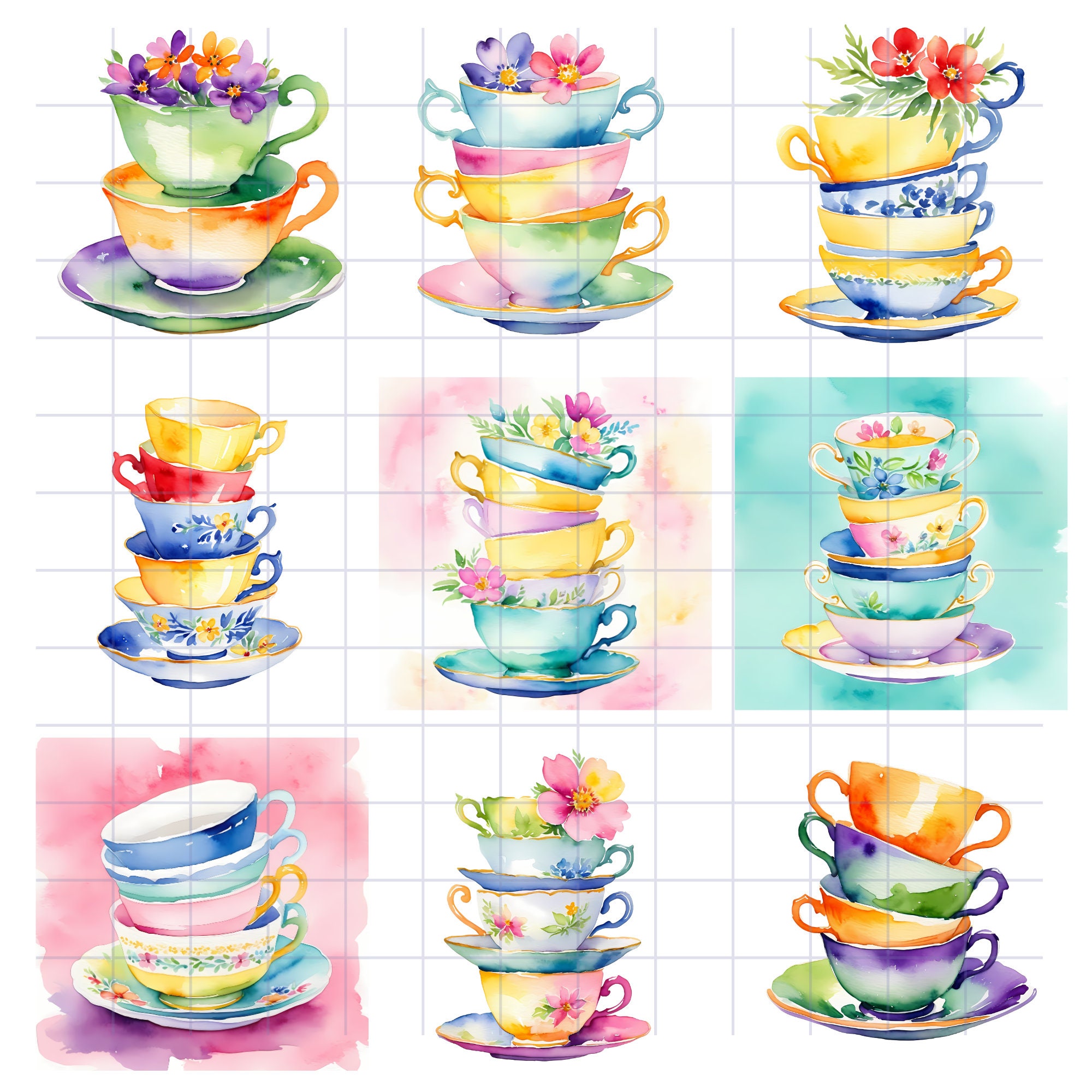 Vintage Teacup Stack Clipart, Floral Stack of Teacups Clipart ...